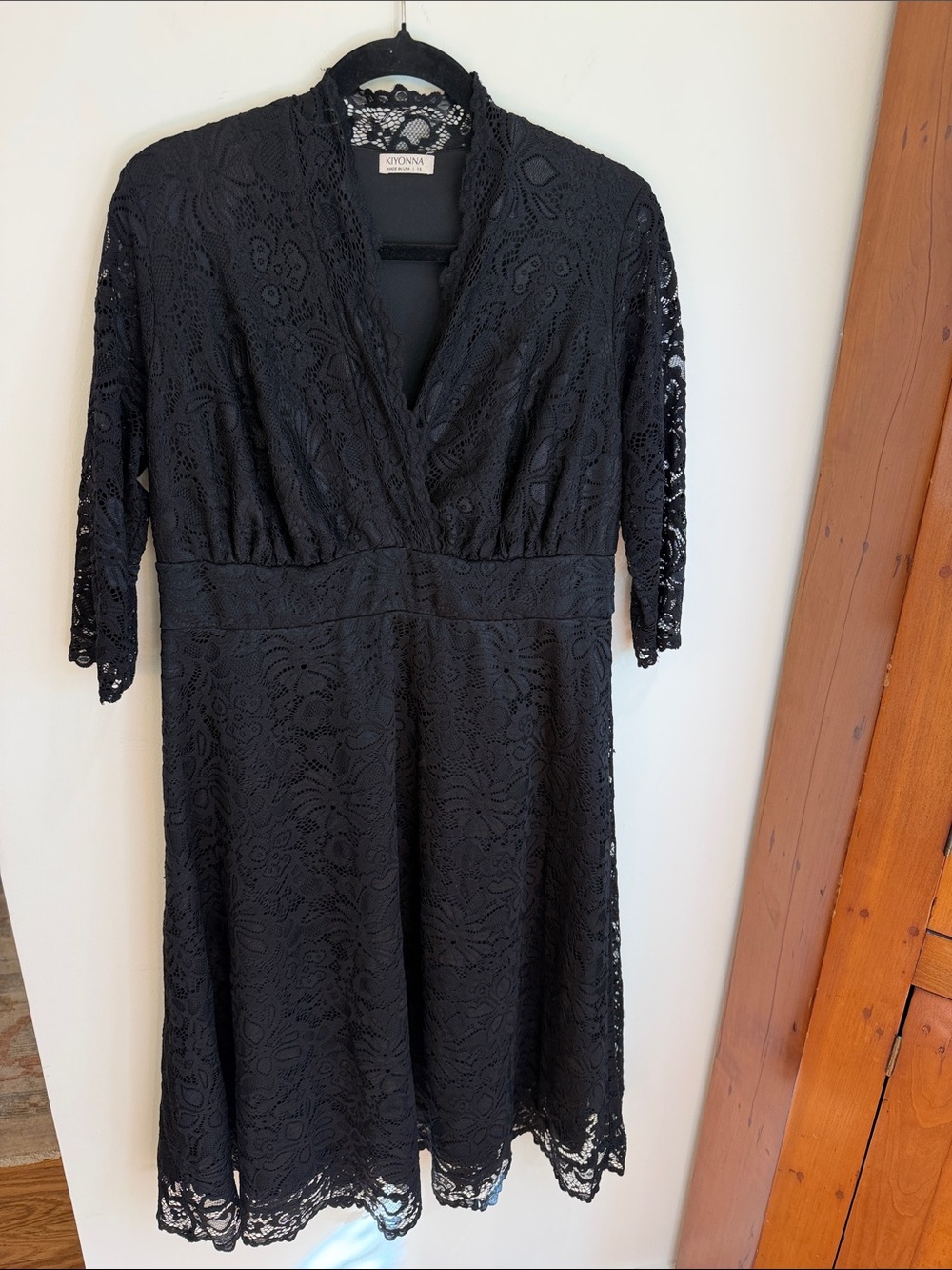 Kiyonna Black Lace Wrap-Style Midi Dress, 1X - Parisian Chic, Formal, Preppy